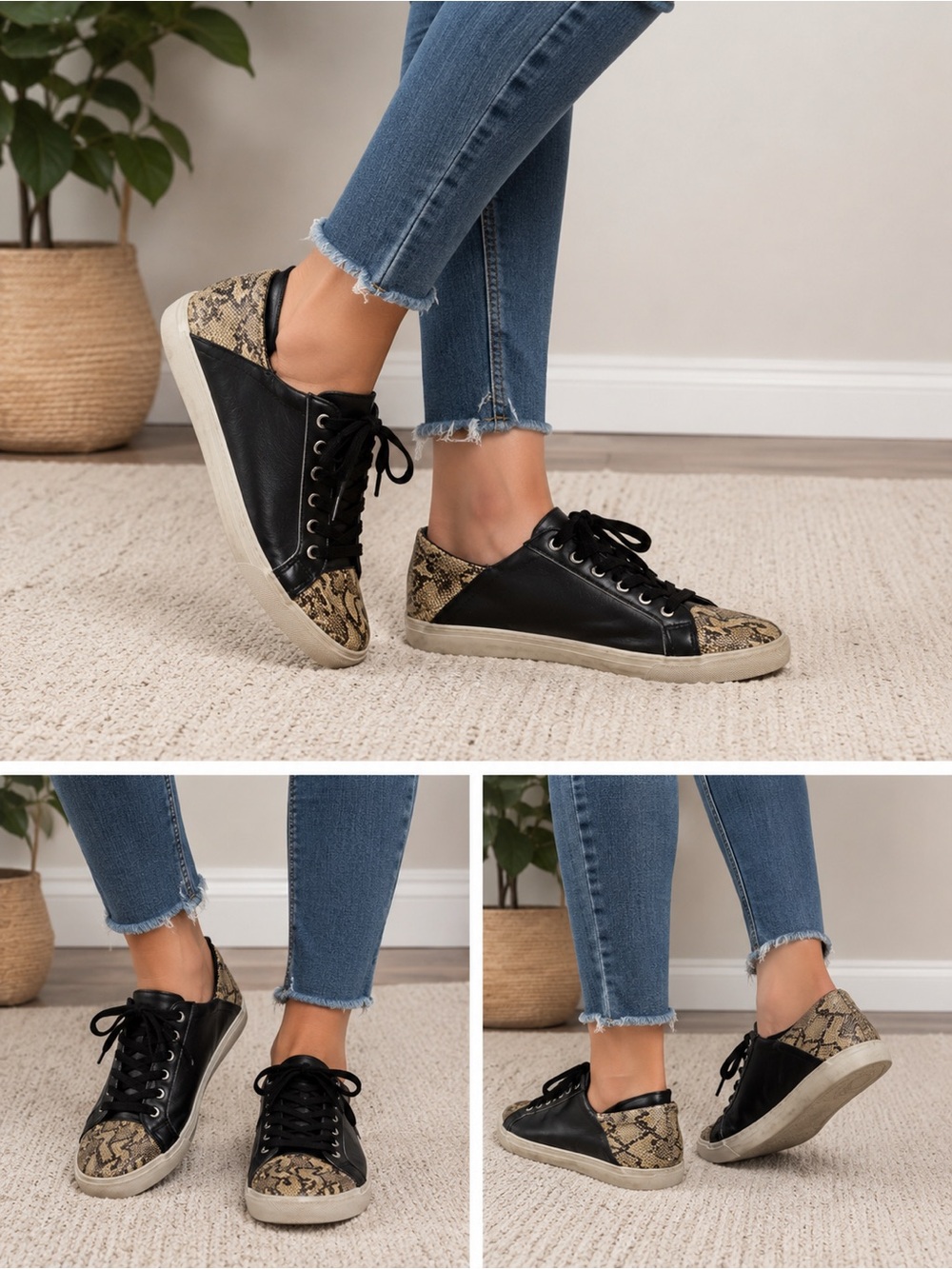 Snake-Print Leather Lace-Up Sneakers Black & Beige Women's 7.5